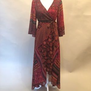 Purple & Orange Chiffon Floral Wrap Dress